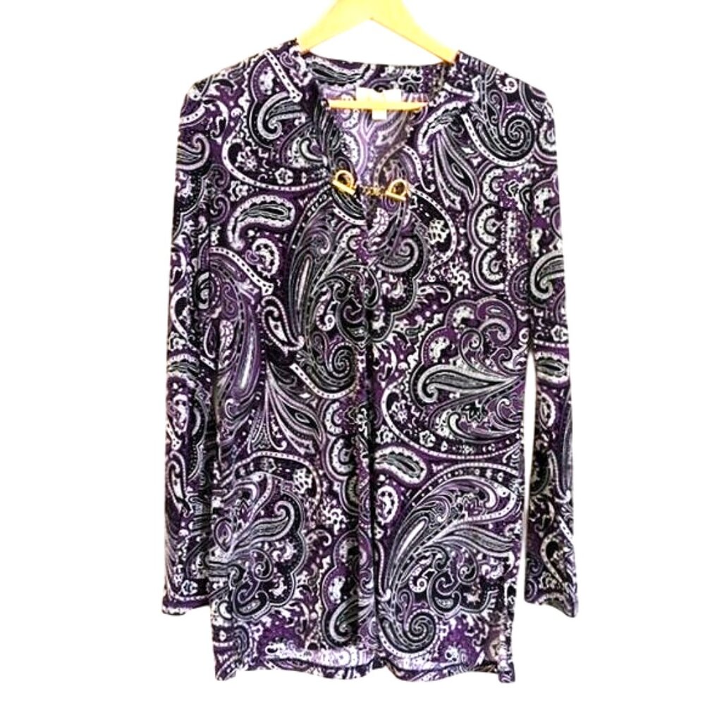 Like New Michael Kors Jersey Knit Paisley Long Sleeve Tunic Purple/Black-Size M